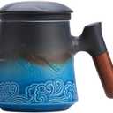 MAXJOY Tea Cup with Infuser and Lid 15.2 Oz Ceramic Loose Leaf Tea Mug Rosewood Handle Black and Blue