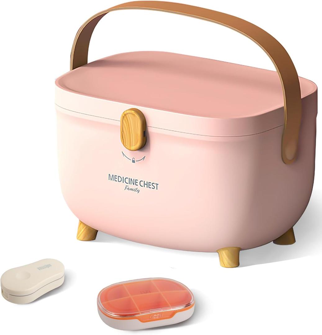 Glosen Medicine Box with Latch Lock,Medication Box to Organize Medicine and Pills,11.10 * 8.66 * 7.48 inches(Pink)