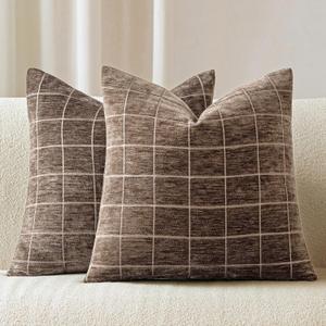 Decorative Chenille Plaid Throw Pillow Covers 20x20 Inch Set of 2 Vintage Check Couch Pillows Neutral Boho Farmhouse Cushion Covers Modern Home Decor for Sofa Bed Living Room Taupe Grey