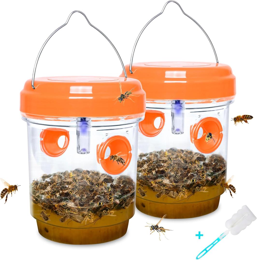 2 Pack Solar Wasp Traps Outdoor Hanging Carpenter Bee Traps for Outside Yellow Jacket Trap Hornet Trap Wasp Killer with UV LED Light Reusable Bee Catcher for Patio Garden