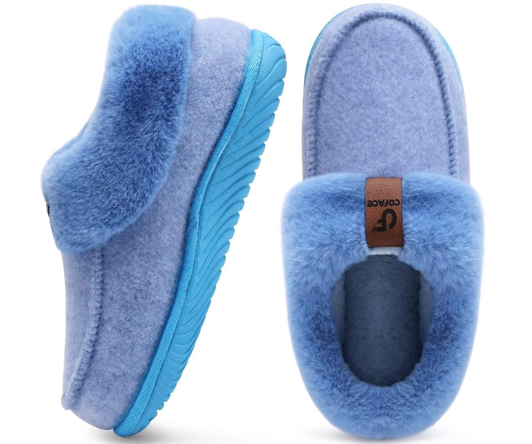 COFACE Women's Memory Foam House Slippers Arch Support Moccasin Winter Shoes Ladies Warm Fuzzy Faux Fur Collar With Indoor Outdoor Rubber Sole, US 11
