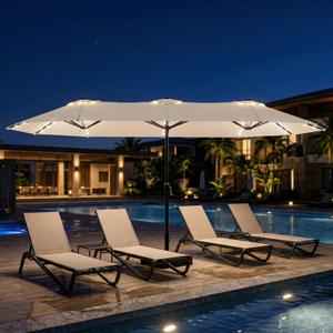 Tobeos 15ft Large Patio Umbrella with Solar Lights and Base, Double-Sided Outdoor Rectangle Umbrella with 48 LED Lights, Market Table Umbrellas with UV Resistant Canopy, Beige