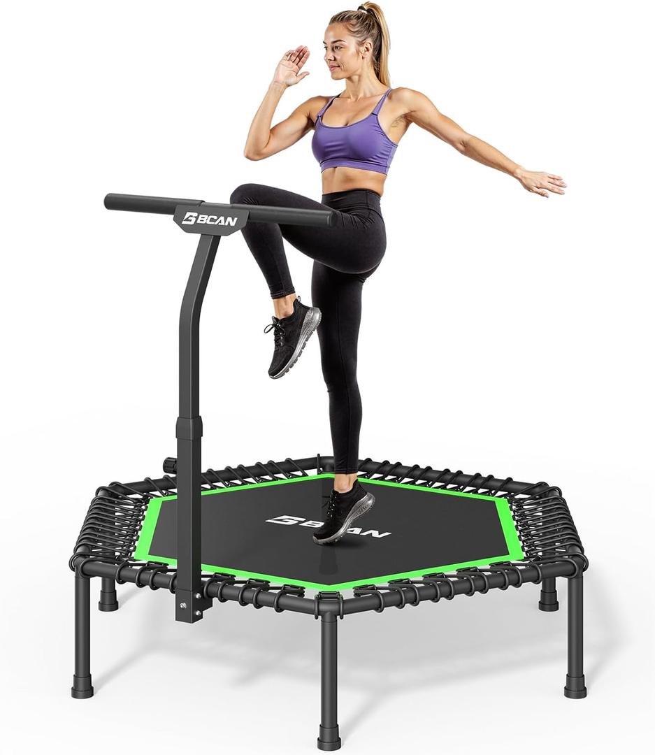 BCAN 51" Mini Hexagon Trampoline, Max Load 450 LBS Adult Fitness Trampoline with T-Adjustable Handle Bar, Silent Bungees, Larger, More Stable, Quiet Indoor/Garden Workout (Green)