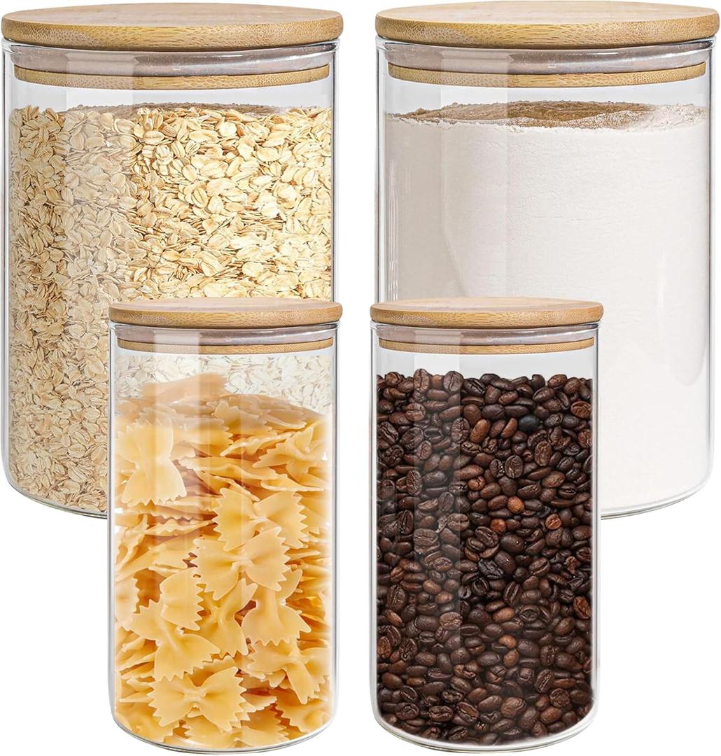 Glass Storage Jars Set Elegant Containers with Airtight Bamboo Lids, Perfect for Kitchen Organization - Flour, Rice, Pasta, Sugar, Coffee Beans (2 packs(37oz) / 2 packs (111oz)