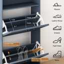 Shoe Storage Cabinet with 2 Flip Drawers, 24" W Farmhouse Modern Hidden Shoes Rack with Adjustable Shelves & Open Storage, Narrow Slim Shoe Organizer for Front Door Entrance, Entryway, Navy Blue