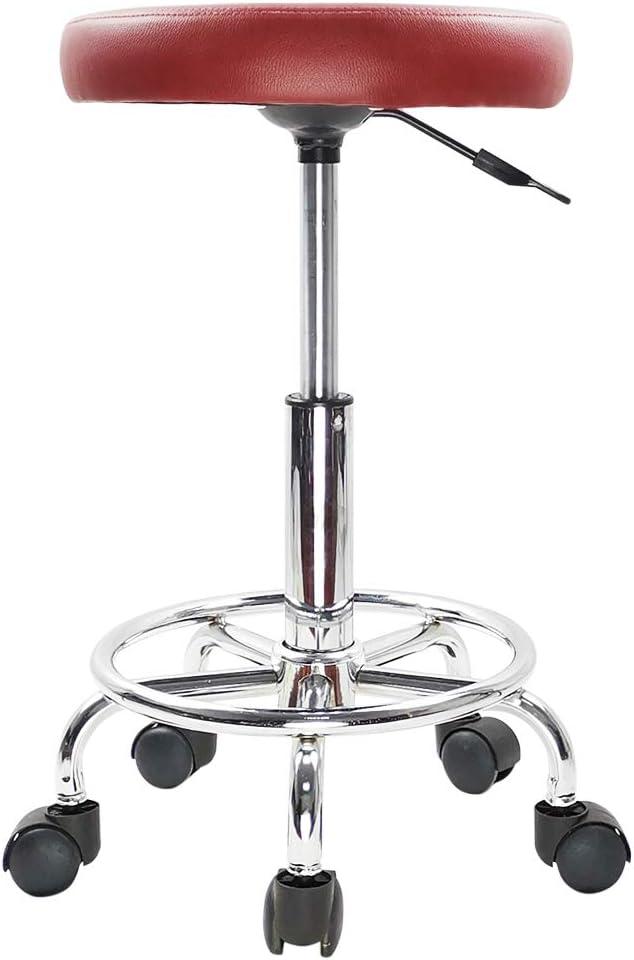 KKTONER PU Leather Round Rolling Stool with Foot Rest Swivel Height Adjustment Spa Drafting Salon Tattoo Work Office Massage Stools Task Chair Cushion 14 inches (Red)