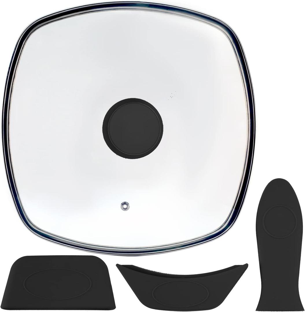 Square Glass Lid for Grill Pans with Steam Vent Hole - Fits Lodge Cast Iron Skillets 10.5inch/26.67cm Silicone Potholder- Square Tempered Glass Lid - Universal Replacement Cover Silicone Knob