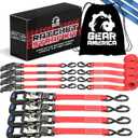 GearAmerica Heavy Duty Ratchet Straps 1.6 x 15 Tie Down Kit for Cargo, Trucks, Motorcycles - 1823 lbs Break Strength with Soft Loops, Rubber Coated S Hooks w/Safety Clip, Spring Release, Carry Bag (Red)