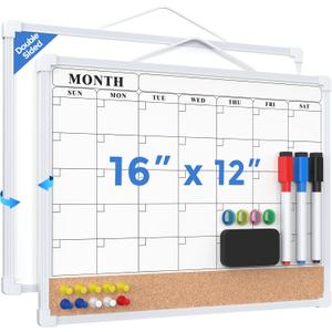 MaxGear Monthly Calendar Whiteboard Dry Erase Cork Board for Wall, 16"x12" Double-Sided Dry Erase White Board Calendar with Bulletin Board, Hanging Dry Erase Board for Office, Home, School