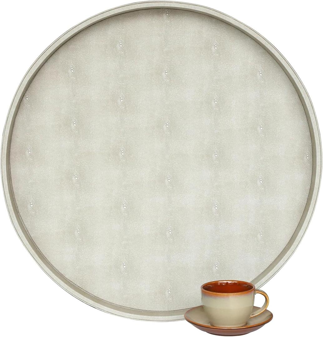 HofferRuffer Extra Large Round Serving Tray 24'', Elegant Oversized Faux Leather Circle Ottoman Table Tray, Serve Tea Coffee Breakfast in Bedroom Living Room Kitchen (Cream White)