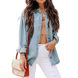 LifeShe Women Denim Shirt Jean Jacket Oversize Button Down Shirt Long Sleeve Jean Tops Trendy Shackets (Small, Black)