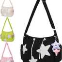 Cute Tote Bag for Women, Aesthetic Canvas Crossbody Bag Y2k Star Hobo Shoulder Purse Kawaii Zipper Messenger Bag (Black-Corduroy)