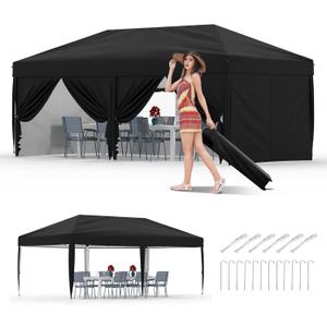 10X20Ft Pop Up Canopy Tent with 6 Sidewalls, Easy Up Canopy with 6 Sandbags, UPF 50+ Portable Outdoor Canopy Tent with Carrying Bag for Camp, Beach, Patio (Black)