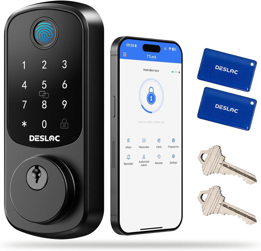 DESLOC Smart Door Lock B200, Smart Deadbolt Lock, Keyless Entry Door Lock, Fingerprint Deadbolt Smart Lock, Smart Locks for Front Door, App Control, Touchscreen Keypad Deadbolts, 12-Month Battery, IP54