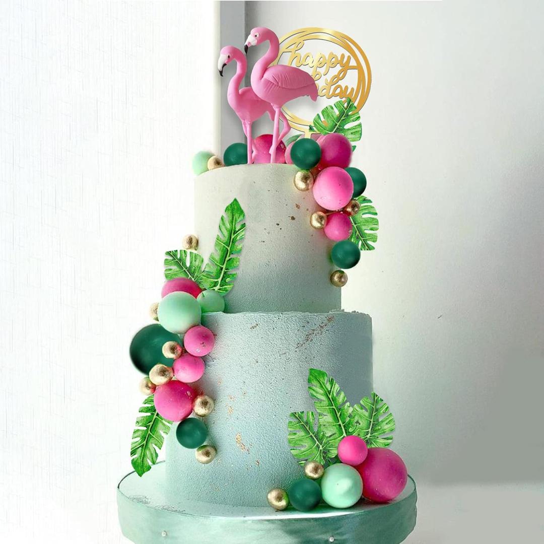 Flamingo Cake Toppers Summer Cake Decorations with Palm Leaf Green Hot Pink Pearl Ball Cake Toppers for Tropical Hawaiian Beach Luau Themed Birthday Supplies (Style 2)
