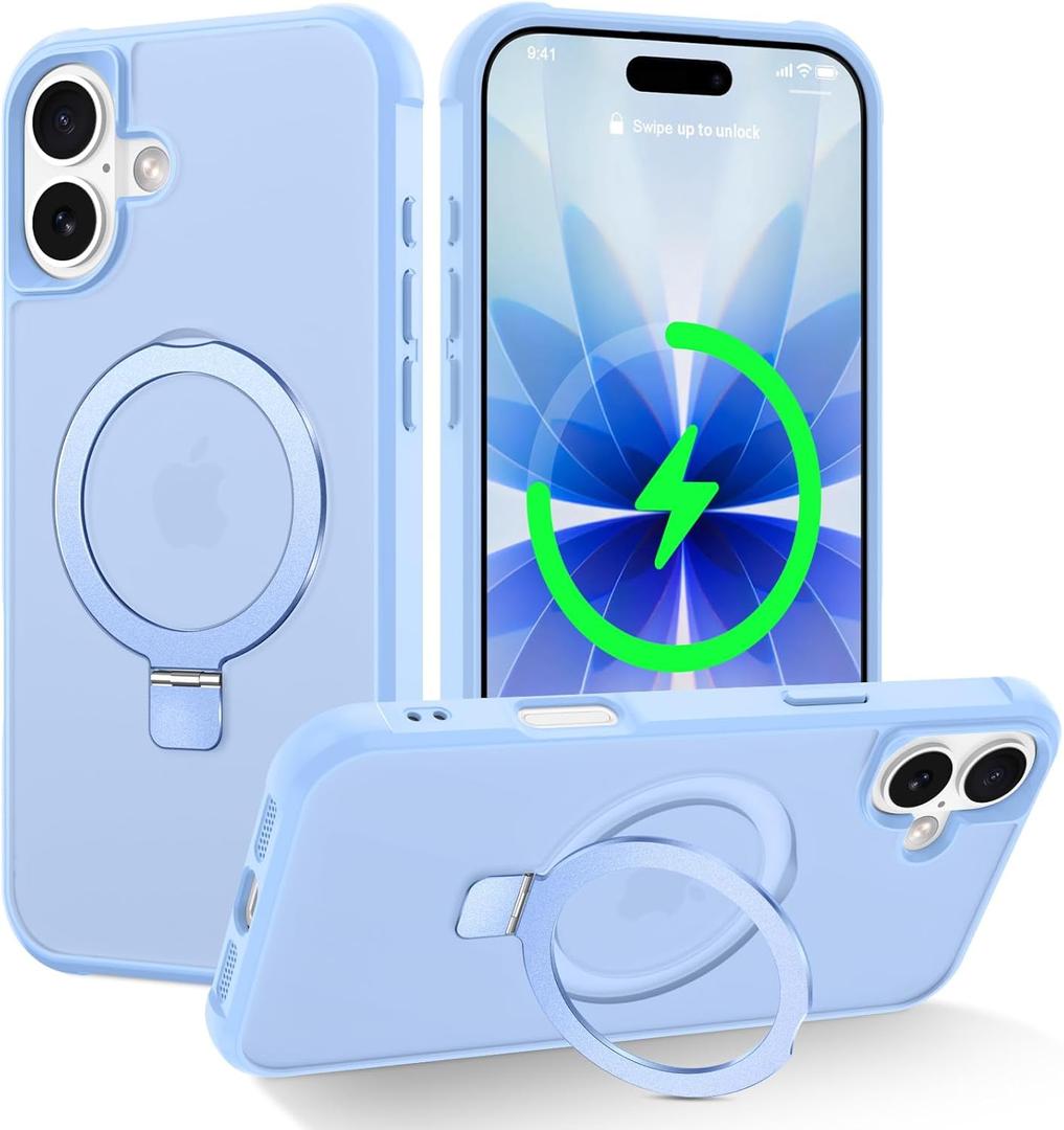Magnetic Compatible with iPhone 17 Case with Stand [Military Grade Drop Tested][Compatible with Magnet] Ring Translucent Slim Hard Back Soft Edge, Mist Blue