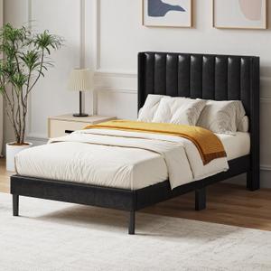 Twin Size Bed Frame with Upholstered Wingback Headboard, Modern PU Leather Upholstered Platform Bed with Wooden Slats, 500lbs High Weight Capacity, No Box Spring Needed, Easy Assembly, Black