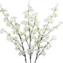 CISDUEO 3Pcs Artificial Cherry Blossom Flower White Silk Peach Flowers Bulk Plum Blossom Flowers with Leaves Cherry Blossom Branches Vase Arrangements for Spring Wedding Indoor Outdoor DIY Party Decor