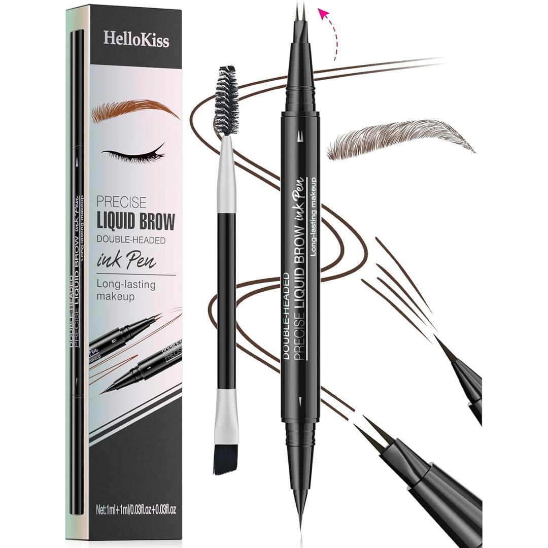 HelloKiss Precise Liquid Eyebrow Pen, 2 in 1 Dual-ended 2 Fork Tip Liquid Eyebrow Pencil with Eyebrow Brush,Microblading Eyebrow Pencil,Waterproof Eyebrow Pencil, Natural Long-Lasting(03#DARK BROWN)