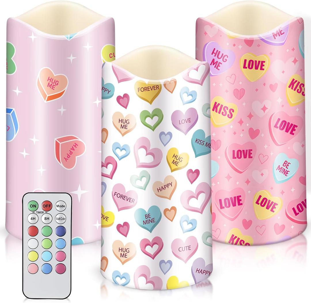 Retisee 3 Pack Color Changing LED Flameless Decorative Candles with Remote Timer, Candy Heart Lights for Bedroom Decor, Wedding Table Centerpiece Anniversary Indoor Decoration, Battery Operated