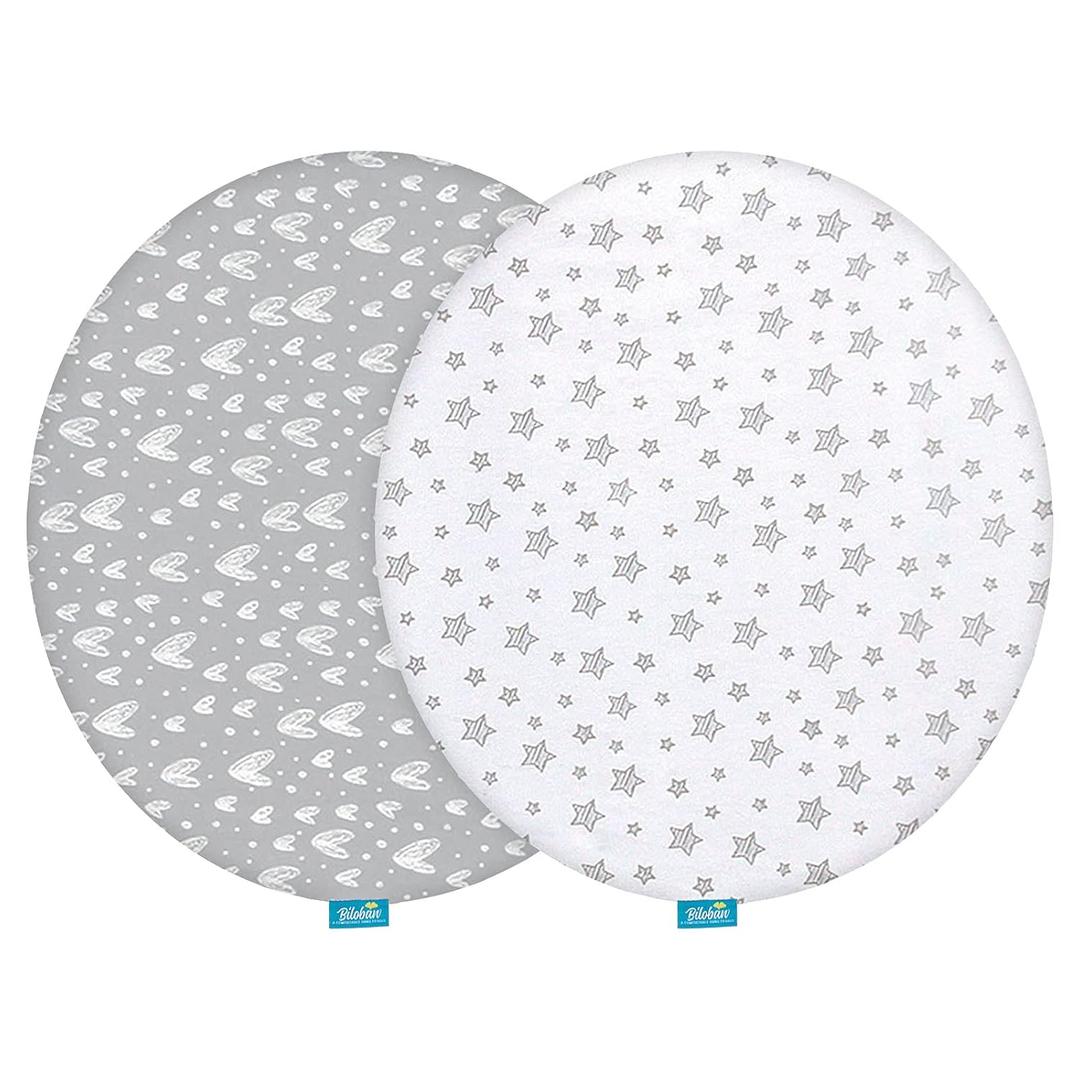 Bassinet Sheets Compatible with Fisher-Price On-The-Go Baby Dome, 2 Pack, 100% Jersey Knit Cotton Fitted Sheets, Breathable and Heavenly Soft, Grey Hearts and White Stars Print for Baby (Gray)