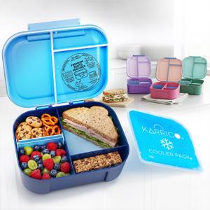 KARRICO Leakproof Lunch Box 3-Compartment Bento Box, Cooler Pack & Adjustable Divider, Extra Large & BPA-Free Dishwasher Safe, Ideal for On-the-Go Meals, Navy & Blue (Blue)