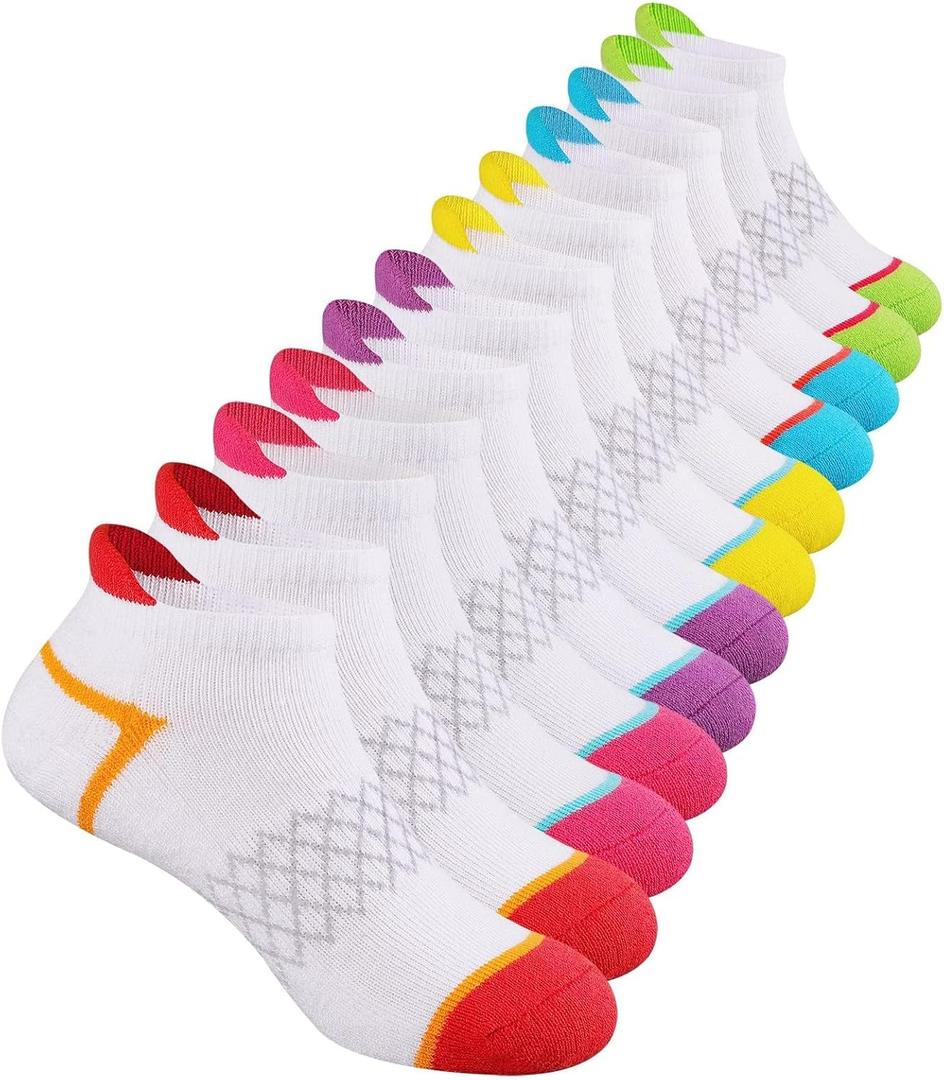 Comfoex 12 Pairs Girls Socks Ankle Athletic Socks Cotton Sports Socks With Cushioned Sole For Big Little Kids (10-12 Years)