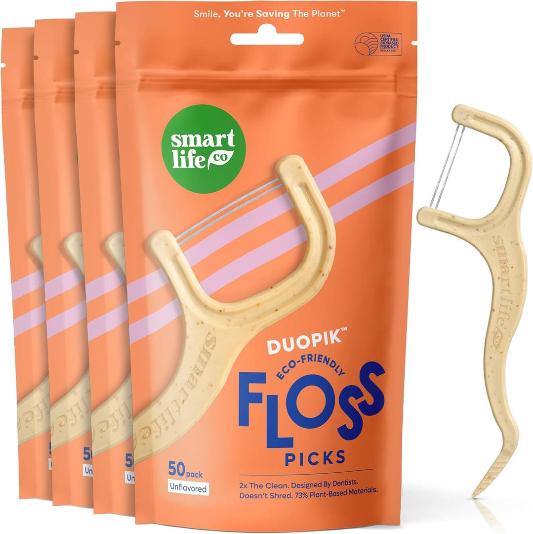 SmartLifeco Eco-Friendly Dual-Thread Dental Floss Picks (200ct) - Flossers Made with Straw Wheat Blend, Superior Anti-Shred for Tight Gaps, Tooth Pick Stick for Adults, Soft on Gum & Teeth, Unflavored 
