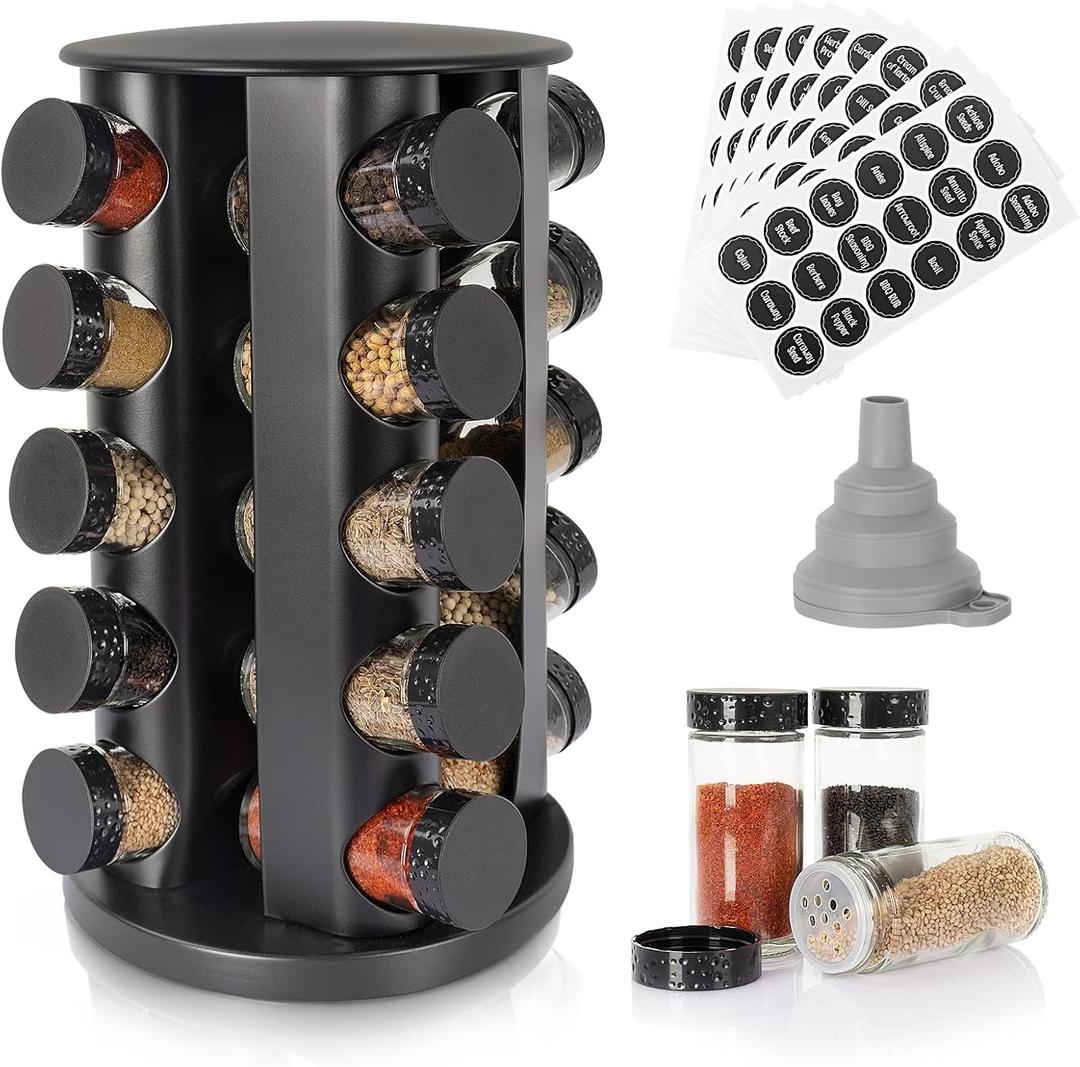 Tianifa Black Countertop Rotating Spice Rack, Round Empty 20Jars Revolving Spice Rack Organizer, 135 Spice Labels with Funnel Complete Set, for Kitchen Countertop, Cabinet