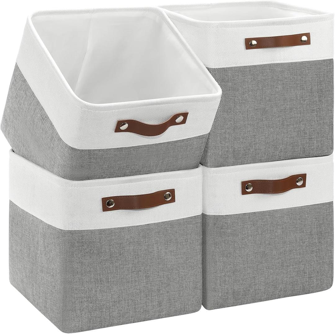 Patvingot 4-Pack Foldable Fabric Storage Cubes 11x11 Inch, Sturdy Cube Organizer Bins with Leather Handles, Storage Baskets for Closet Shelves and Home Organization(White/Gray)