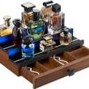 TIRYIUOU Perfume Cologne Organizer for Men: with LED Light 3 Tier Wooden Perfumes Stand, Desktop Parfum Holder Wood Display Shelf with Cabinet, Bedroom Makeup Lotion Jewelry Storage Rack with Drawer
