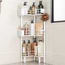 Orimade Rustproof 3 Tier Floor Standing Corner Shower Caddy Organizer with Toothbrush Holder, Large Spacing Floor Shower Shelf Rack Storage Stands with Hooks for Bathroom Kitchen, White