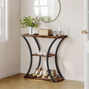 Hoctieon 3 Tier Console Table with Open Wood Shelves, Decorative Entryway Table with Curved Metal Frames, Narrow Sofa Table for Entrance, Living Room, Hallway, Rustic Brown+ Black