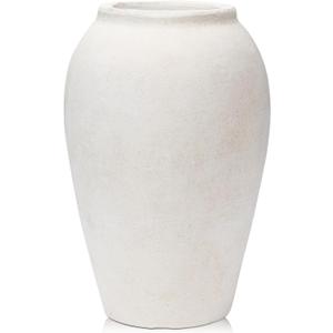 Handcrafted Terracotta Flower Vase, 9.6" Tall, Vintage White Ceramic, Rustic Antique Decor, Wide Mouth, Matte Finish for Home Office Resto Cafe