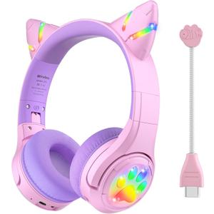 Riwbox CF9 Cat Ear Kids Bluetooth Headphones with LED Light Up,Safe 85dB Volume Limit,Built-in Mic&Boom Mic for Calls,Kids Wireless&Wired Headphones for Tablet/Airplane/School/Online Learning (Purple)