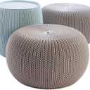 Keter Urban Knit Pouf Ottoman Set of 2 with Storage Table for Patio and Room Dcor - Perfect for Balcony, Deck, and Outdoor Seating, Misty Blue & Taupe, Medium