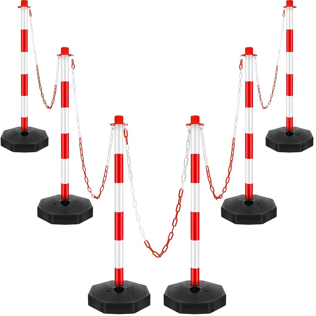 Konohan 6 Pack 34 Inch Parking Cone Delineators Post Traffic Cone Plastic Stanchion Set Stands Parking Barrier with Base 6.6 ft Chain S Hooks Reflective Collar (Red,White)