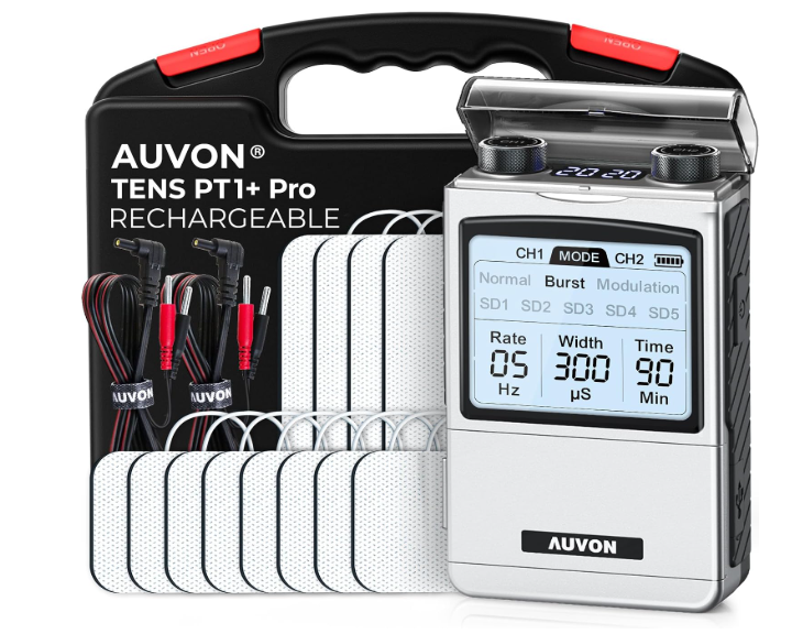 AUVON Rechargeable Digital TENS Unit Muscle Stimulator, Customizable 8-Mode | TENS Machine with 40 Levels for Gradual Neck, Shoulder, Back Pain Relief, 600 mAh Battery Life, 12 Electrodes, A Carry Case
