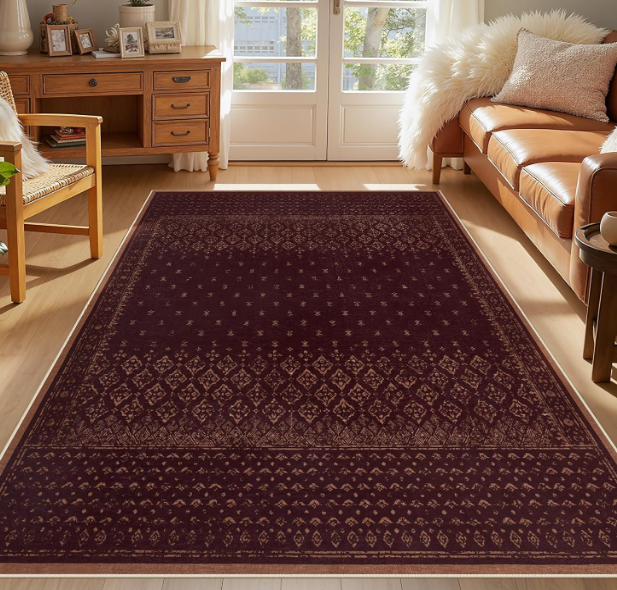 Joydeco Vintage 5x7 Washable Rug for Bedroom, Burgundy Living Room Rug Non Slip, Boho Geometric Ultra-Thin Soft Indoor Floor Throw Carpet for Entryway Dining Table Kitchen Home Office
