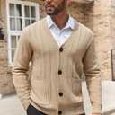 COOFANDY Men's Cardigan Sweater Cable Knit V Neck Button up Sweaters Ribbed Cardigan Sweater with Pockets (Beige, L)