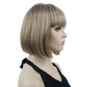 Lydell 8" Straight Short Bob Hair Flat Bangs Cute Central Dot Skin Top Heat Resistant Synthetic Wigs (H16/613 Blonde Highlighted)