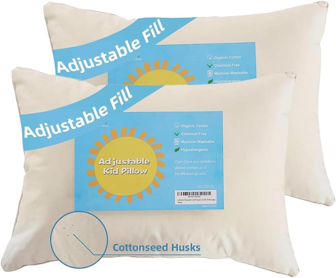 Organic Kids Pillow - 16x22 Toddler Pillow with 100% Organic Cotton Shell, 2 Pack Adjustable Loft Youth Pillow, Machine Washable Organic plilow, Soft, Perfect for Kids&Youth