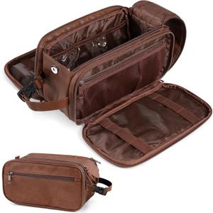 PAVILIA Toiletry Bag for Men Women, Mens Travel Bag Toiletries Organizer Case for Grooming, Travel Essentials Shaving Dopp Kit, PU Leather Water Resistant Cosmetic Pouch, Brown (Large (10.5x5.5x6))