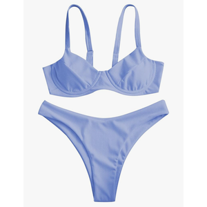 ZAFUL Women's Ribbed Underwire Bikini Set High Cut Colorblock V Notch Swimwear Printed High Leg Swimsuit,XS