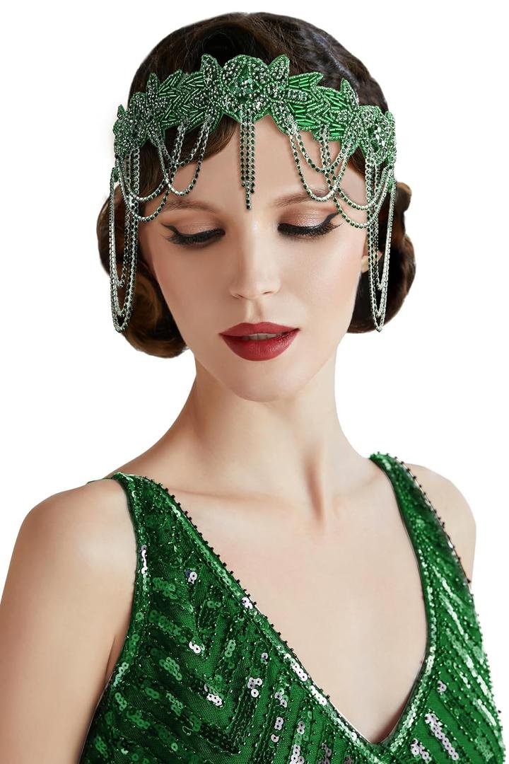 BABEYOND 1920s Flapper Headpiece Roaring 20s Headband Great Gatsby Headband Chain for Women Vintage Hair Accessory (Green)