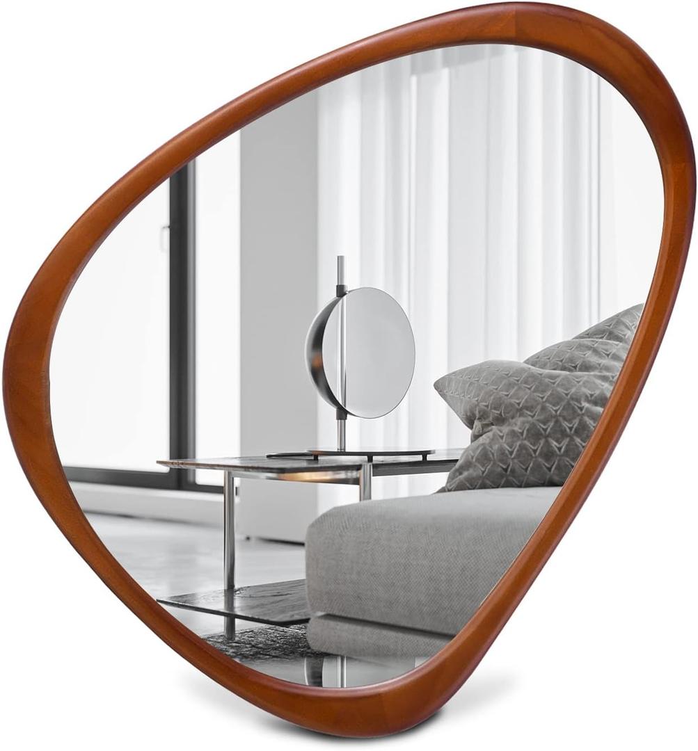 COOL2DAY Irregular Asymmetrical Wood Wall Frame Mirror, Abstract Decorative Odd Shaped Mirror for Living Room, Bedroom, Entryway, Bathroom Home Decor (18" x 22") (Brown)