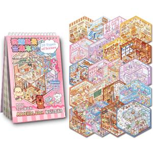 Scene Sticker Book for Kids, 20 Sets of 3D Sticker Scenes for Adults Fun Mini Cute Kawaii Stickers Therapy 3D Scenes Stickers Set Relief Stress Pass The Time, Holiday & Christmas Fun