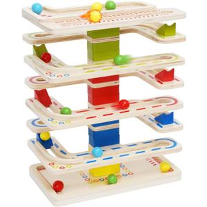 Wooden Marbles Run Ball Drop Toys 8-Tier Rolling Tower Toys with 16 Balls Ramp Whirling Game Ball Tower Educational Learning Toys for Gifts 3 4 5 6 7 8 Years Toddler Boys Girls
