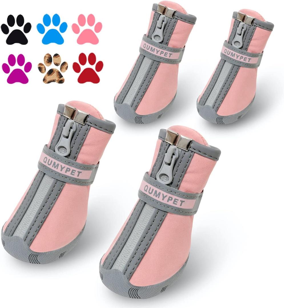 QUMY Dog Shoes for Small Dogs, Puppy Dog Boots & Paw Protectors for Winter Snowy Day, Summer Hot Pavement, Waterproof in Rainy Weather, Ourdoor Walking, Indoor Hardfloors Skid-Resistant Sole Pink 5 (size 5: 2.25"x1.78"(L*W))