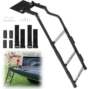 Tailgate Ladder for Pickup Trucks- Heavy Duty Foldable Rear Ladder Anti-Slip Steps, Adjustable Height Universal Fit Truck Accessories for Ram Ford Chevy GMC, Easy Installation with 4 Screw Options (Black)